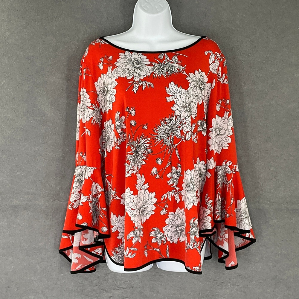 Coco Bianco‎ Top Women's Sz XL Red Floral Bell Sleeve Boat Neck Floral Romantic